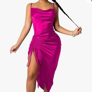 Women's Pink Spaghetti Strap Satin Dress Sexy Backless Drawstring Ruched Spli